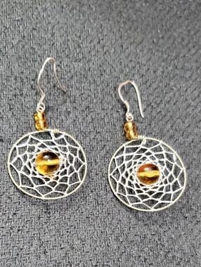 Vtg. Bohemian Amber Stone Dreamcatcher Earrings